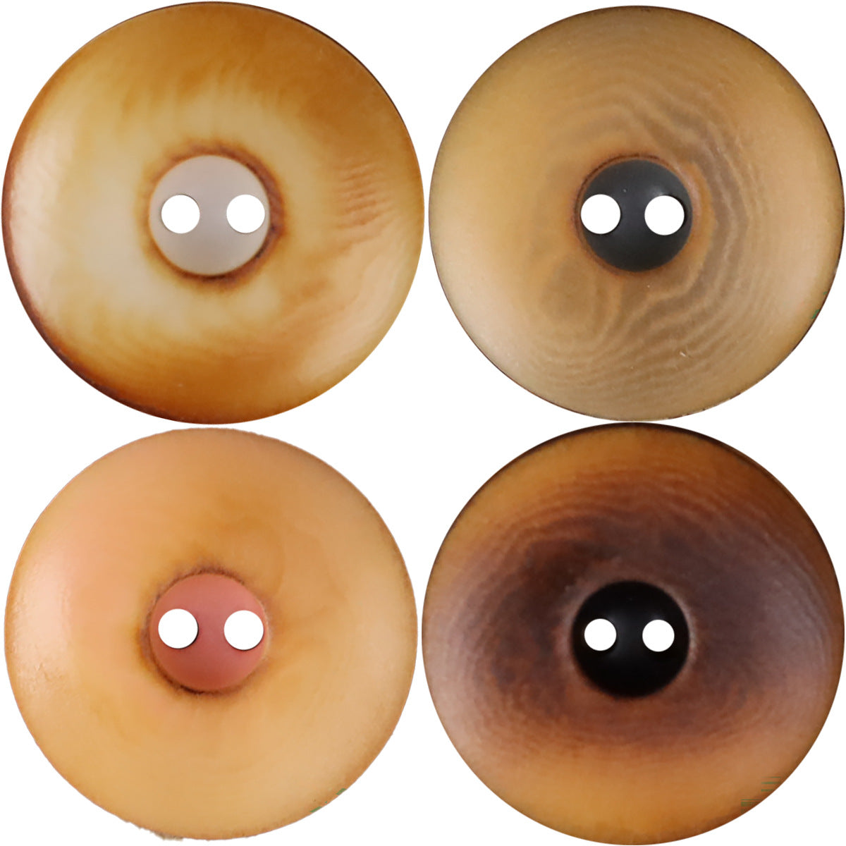 Close-up round two-hole seed buttons in light tan and dark brown on white