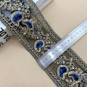 Navy sequin embroidered lace trim with ornate oval motifs, 8 cm wide