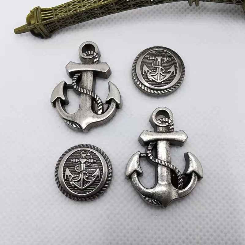 Antique silver anchor rivet studs with round emblem back plates (2 shown)