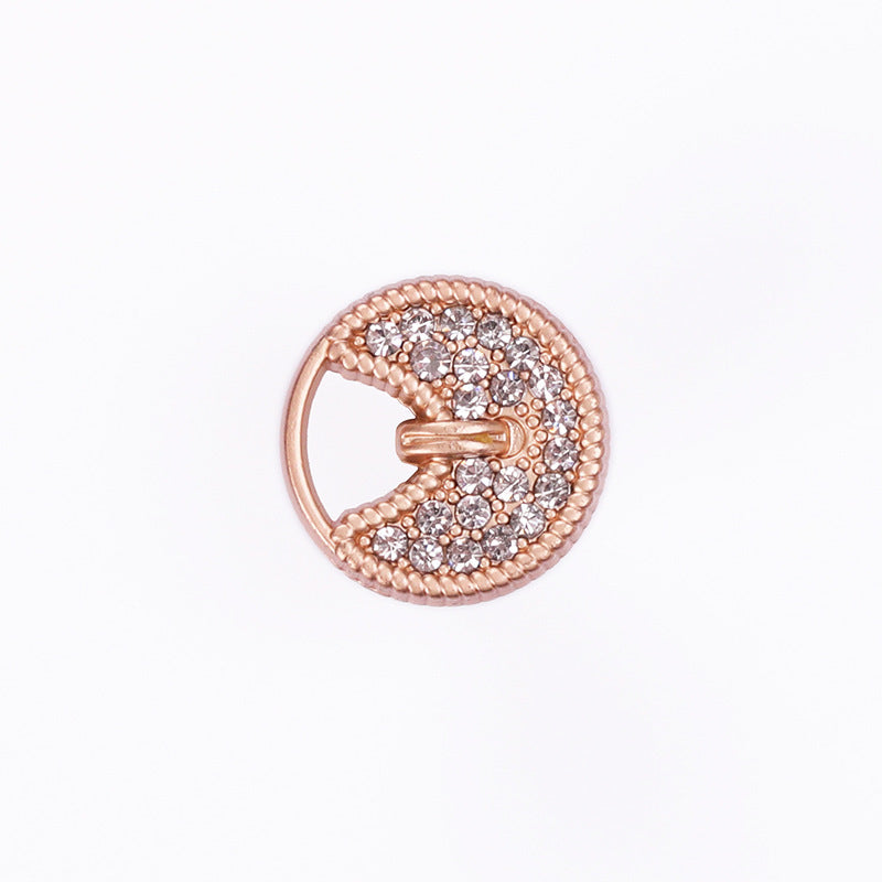 Round button front with hollow metal shank, sand gold finish and clear rhinestone cluster
