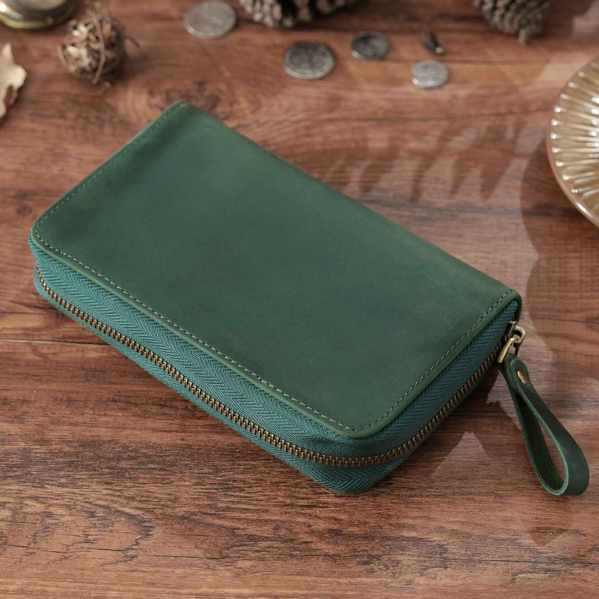 Leather Pen Case with 10 Slots – Full-Zip Fountain Pen Storage Pouch Green