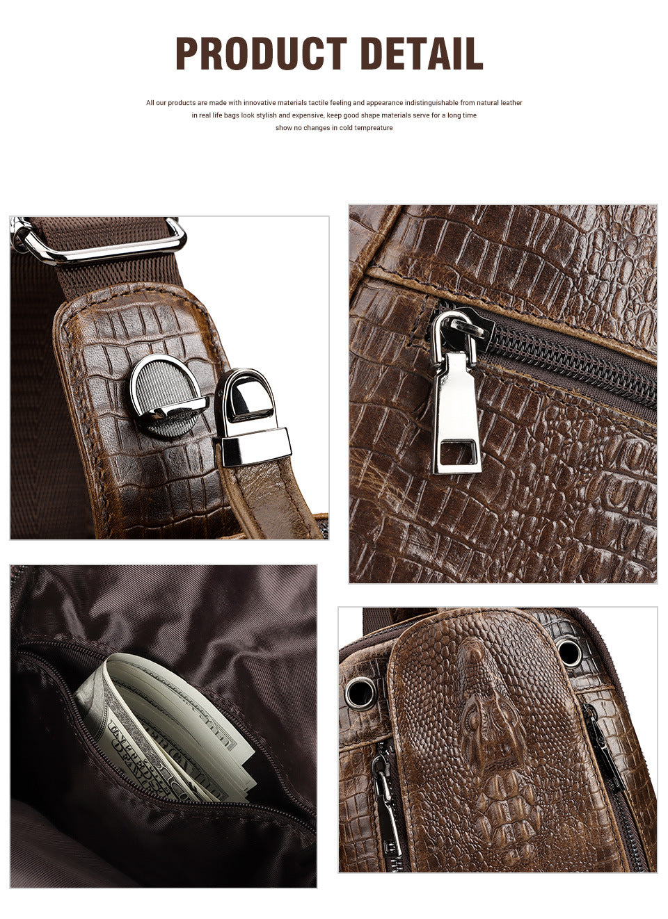 Alligator Print Leather Men's Crossbody Sling Bag Chest Pack