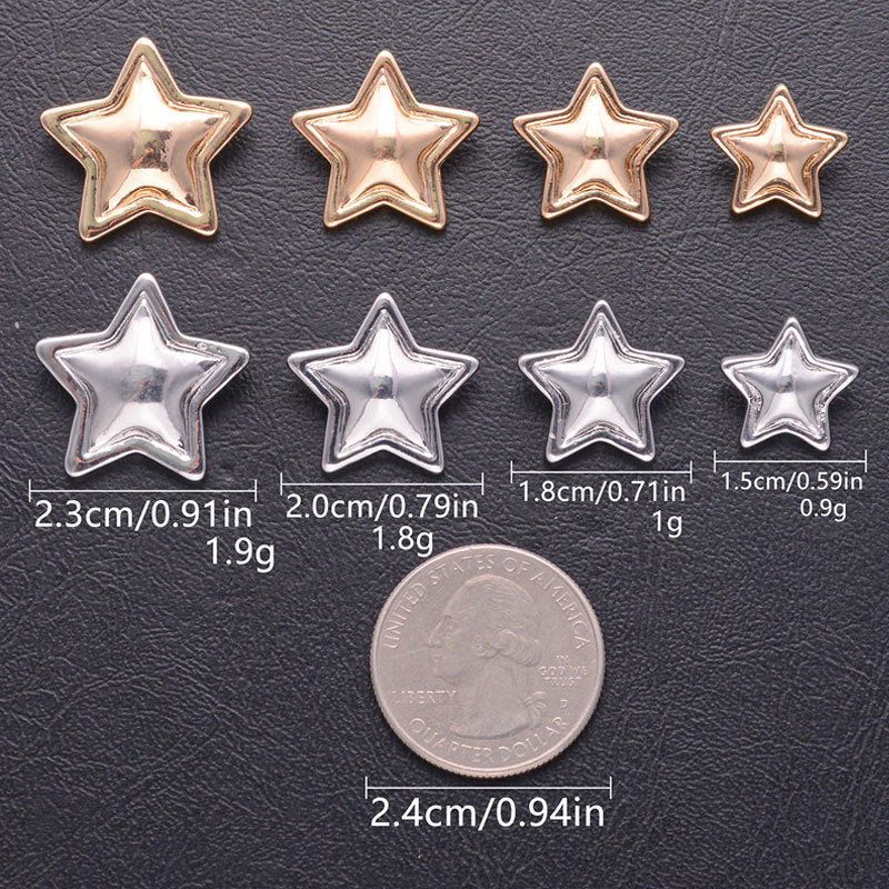 Star-shaped metal shank buttons, gold & silver, on fabric strip; 20-pack