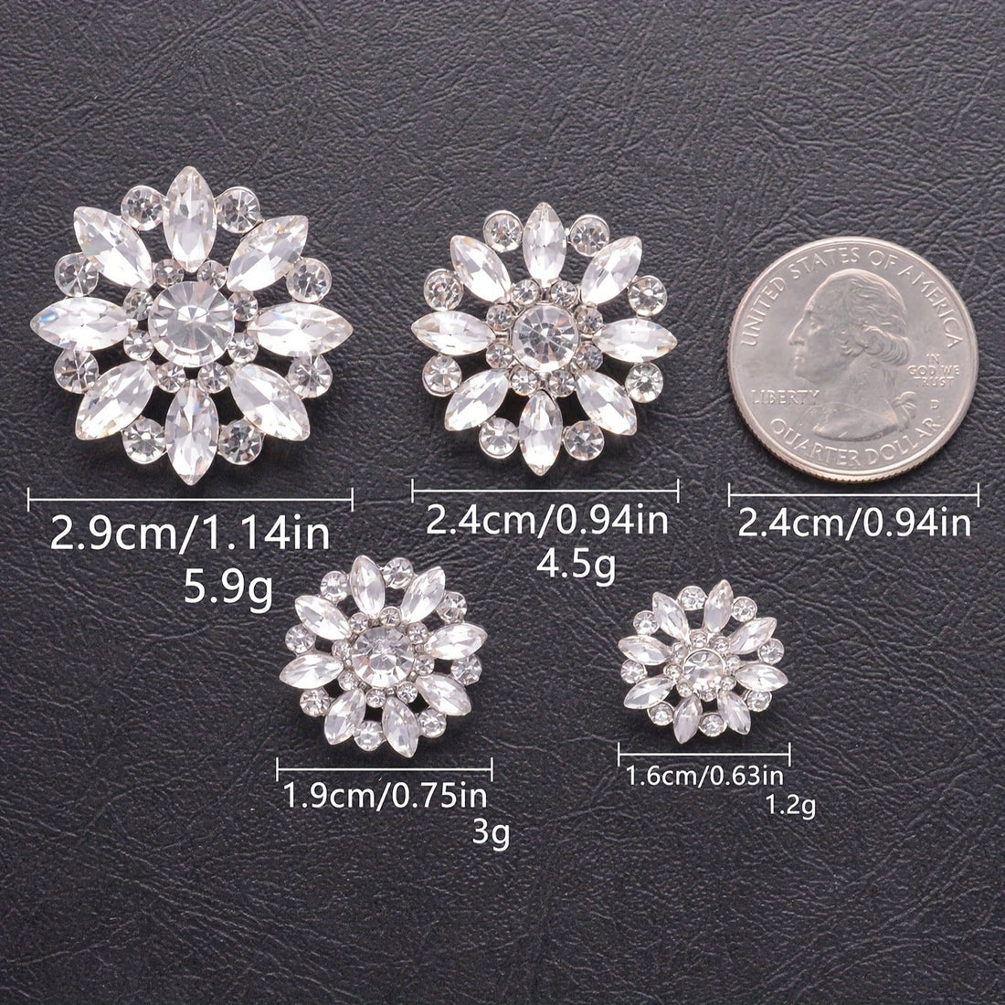 Crystal flower rhinestone shank buttons, assorted colors: white, red, black, gray, rainbow