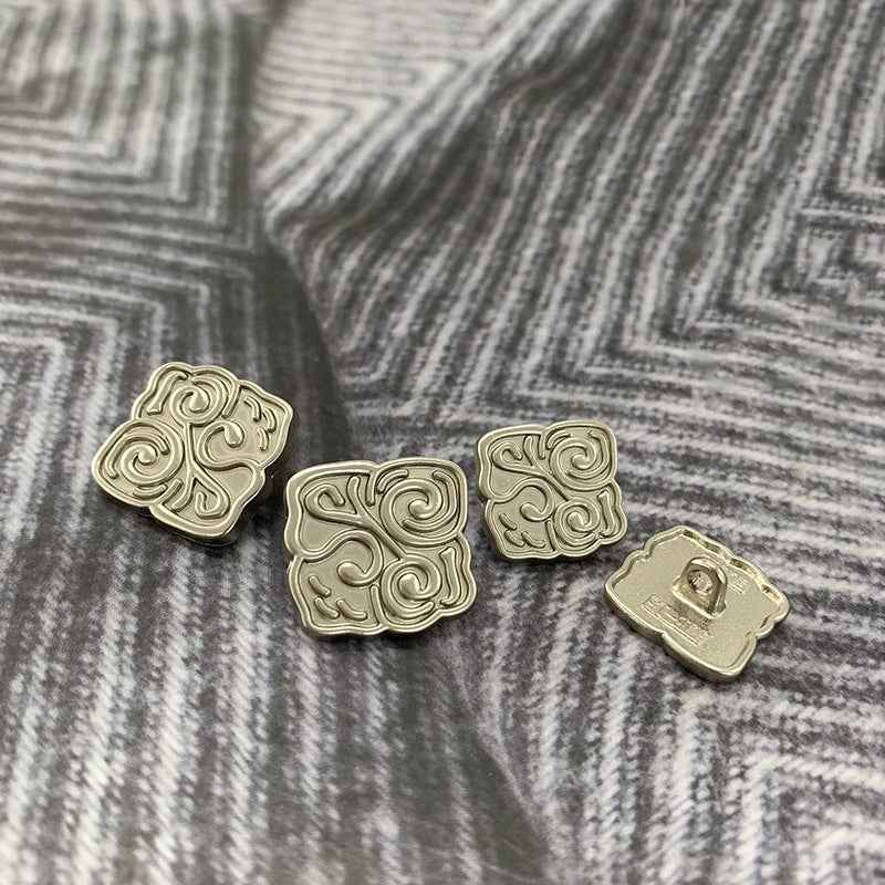 Matte silver square Chinese-style metal button, frosted swirl front