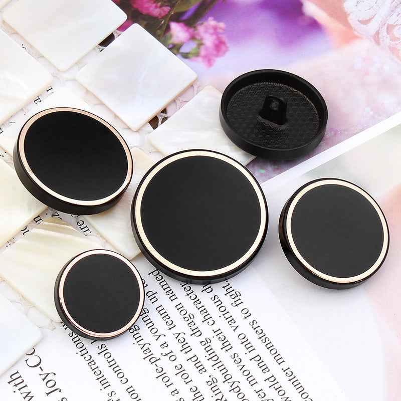 Black round buttons with metal shanks and gold rim edge, 30-pack