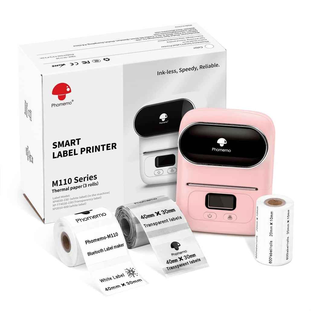 Phomemo M110 Label Maker Thermal Printer with 3 Roll Paper Pink