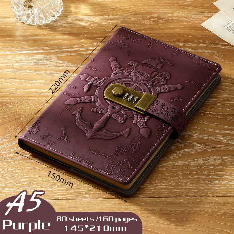 Retro Pirate Lock Diary 3D Carved European Style Locked Notebook A5