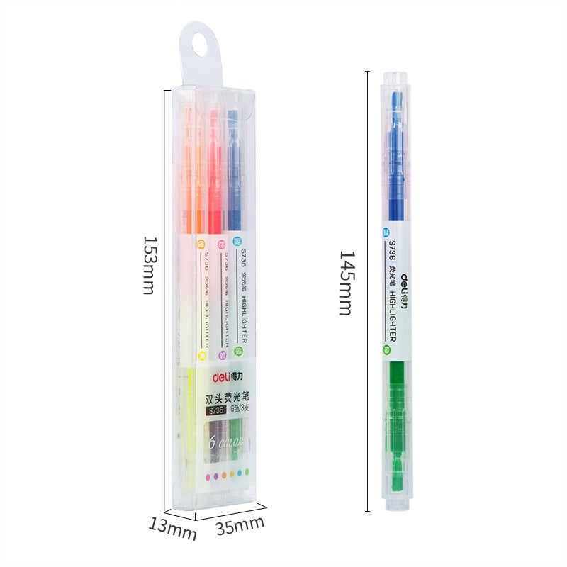 DELI S736 Dual Color Fluorescent Highlighter Marker Pens 3 Pack