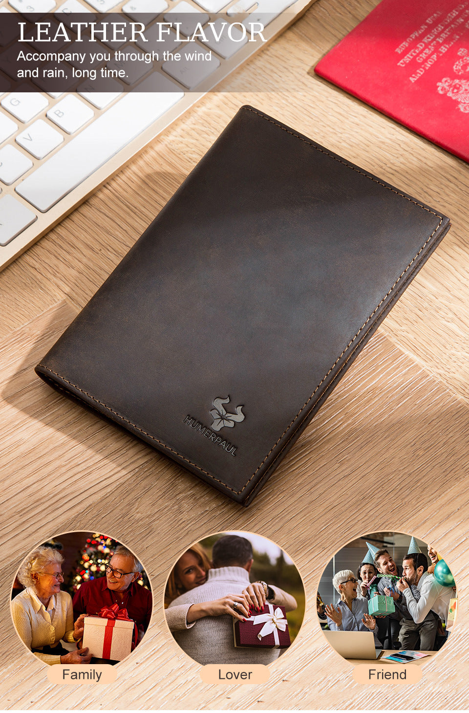 Vintage Crazy Horse Leather RFID Passport Wallet, Built-in AirTag Slot