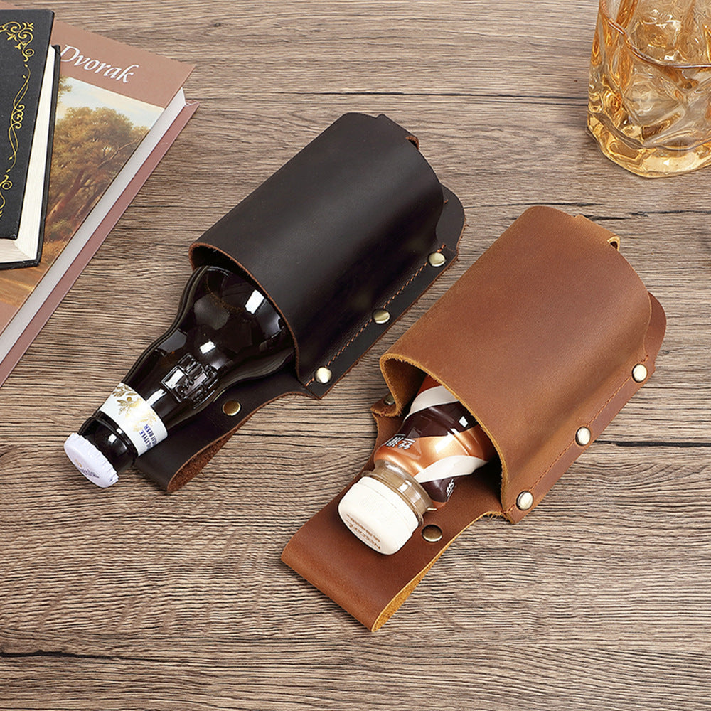 Genuine Leather Belt-Mounted Beer Holster Bottle Holder