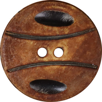 Handmade horn button, round with black oval design and two holes