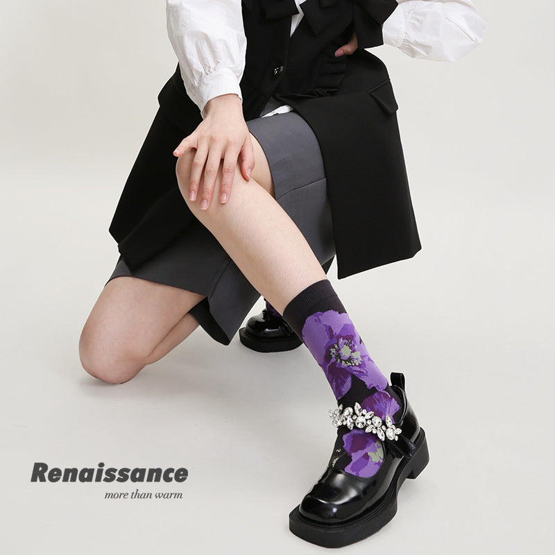 Purple embroidered floral mid-calf socks with rhinestone-like ankle trim