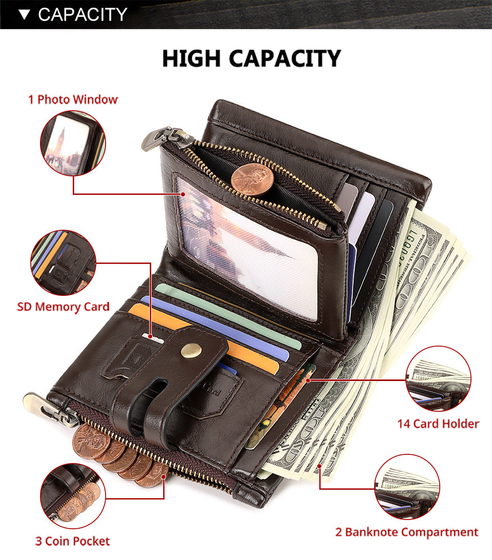 Genuine Leather Short Wallet with RFID Protection Tri-Fold Purse Dark Brown