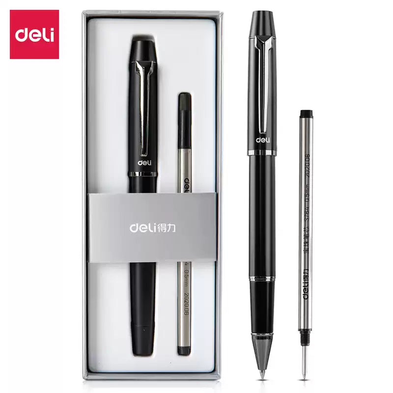 DELI S153 Rollerball Pen - 0.5mm Black Ink with Black/White Metal Black