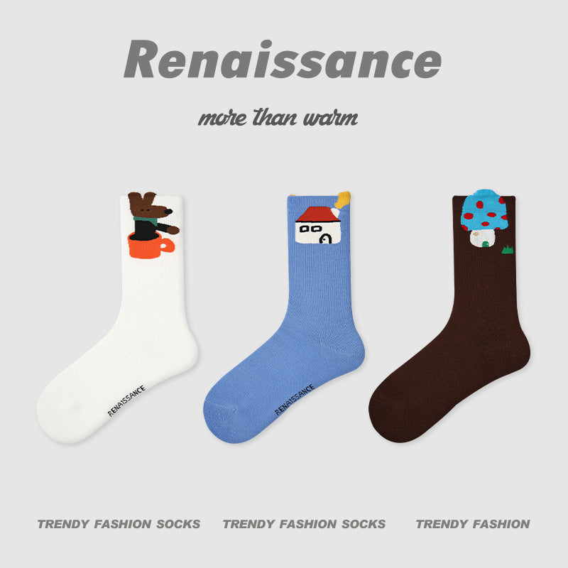 3-pack princess socks with character icons on white, blue, and dark brown bases
