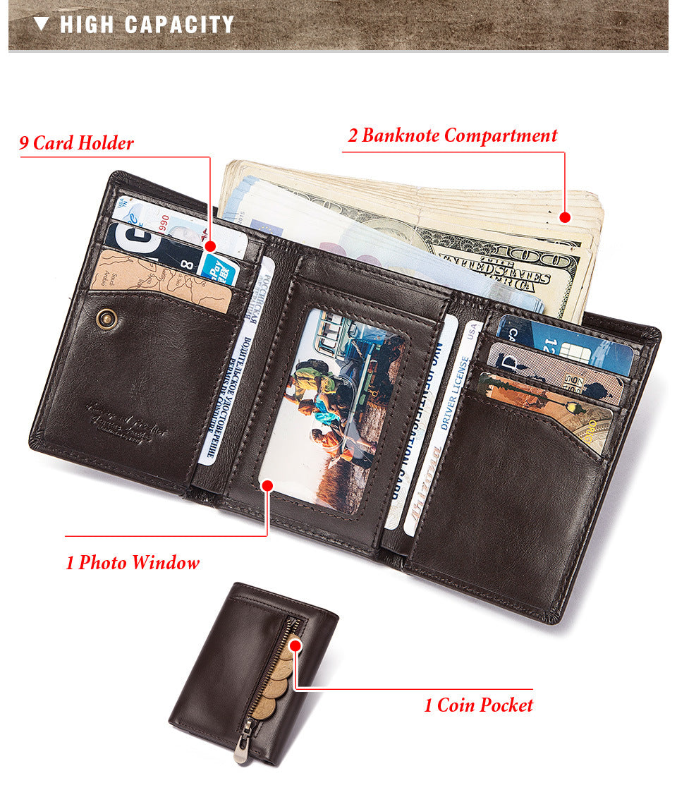 RFID Men's Coin Purse,Top Grain Cowhide Leather Zip Wallet