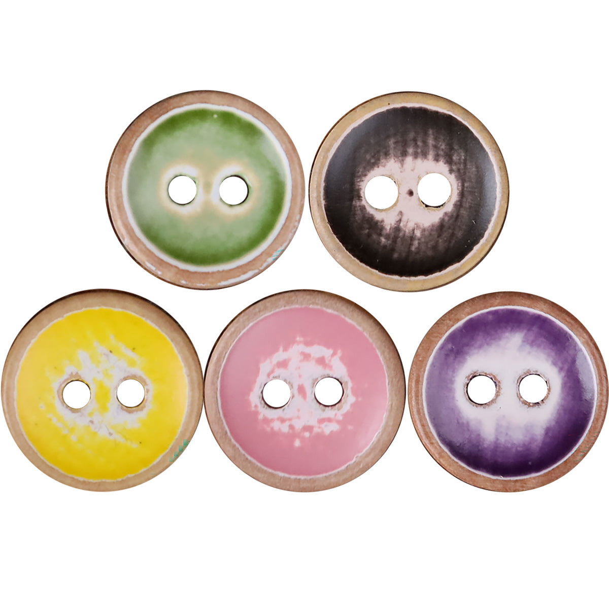 Assorted round iridescent wood buttons, mixed colors, two-hole design