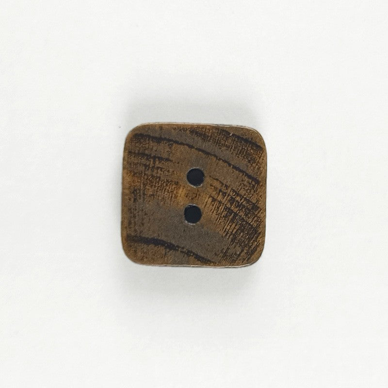 Square 2-hole distressed wood button in coffee-brown with two holes