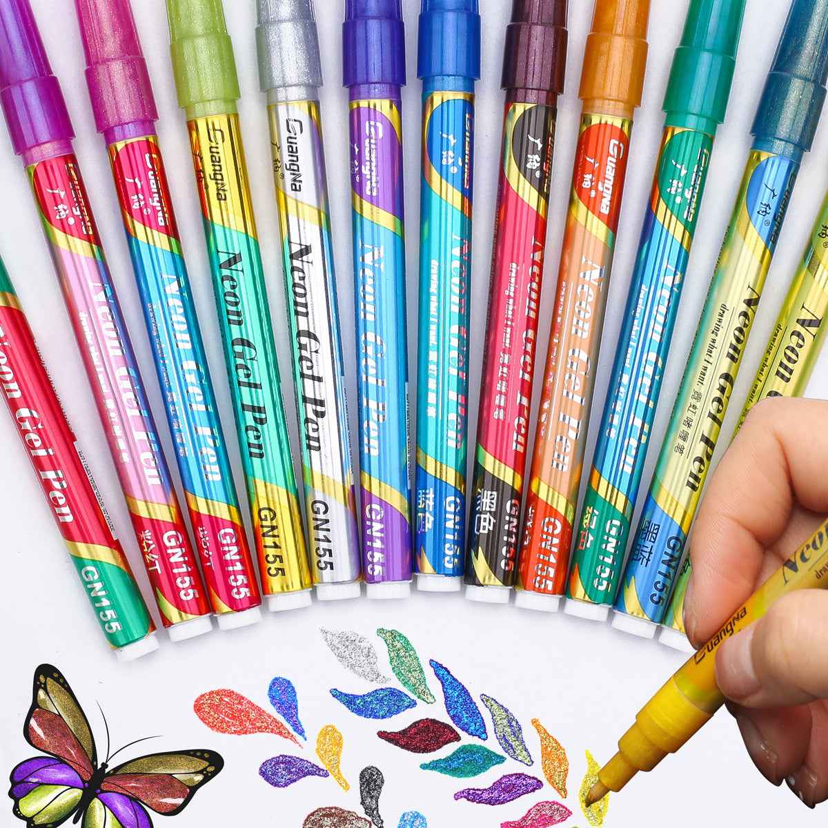Guangna Neon Gel Pen Glitter Double Color Metallic Marker-12 Colors
