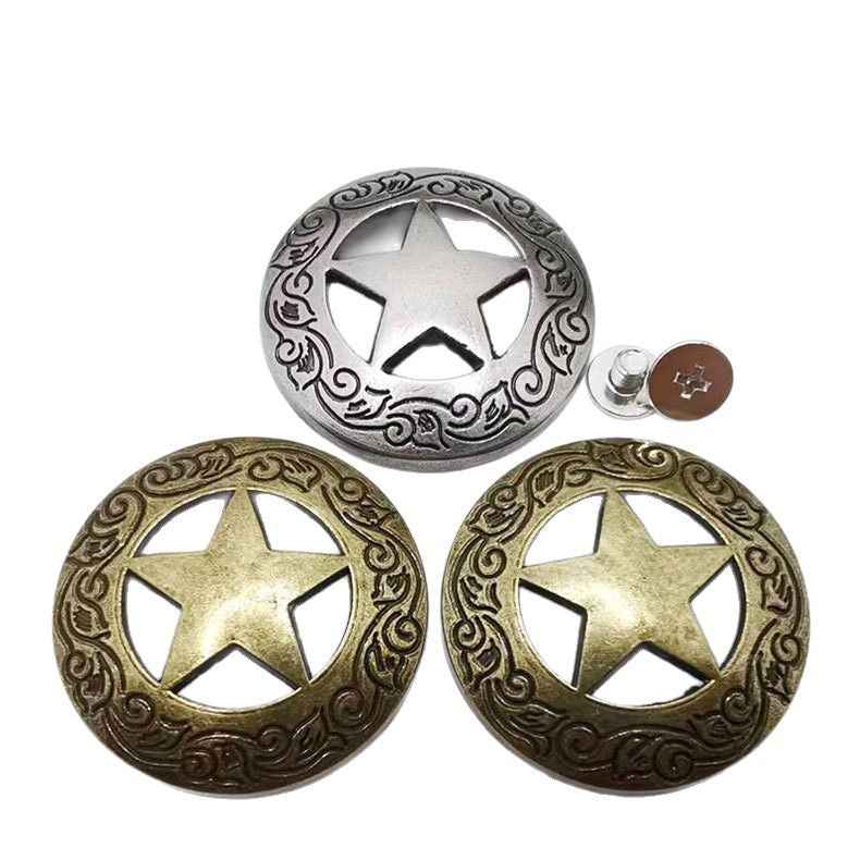 Silver-tone star screw stud rivets with ornate round border, 20-pack