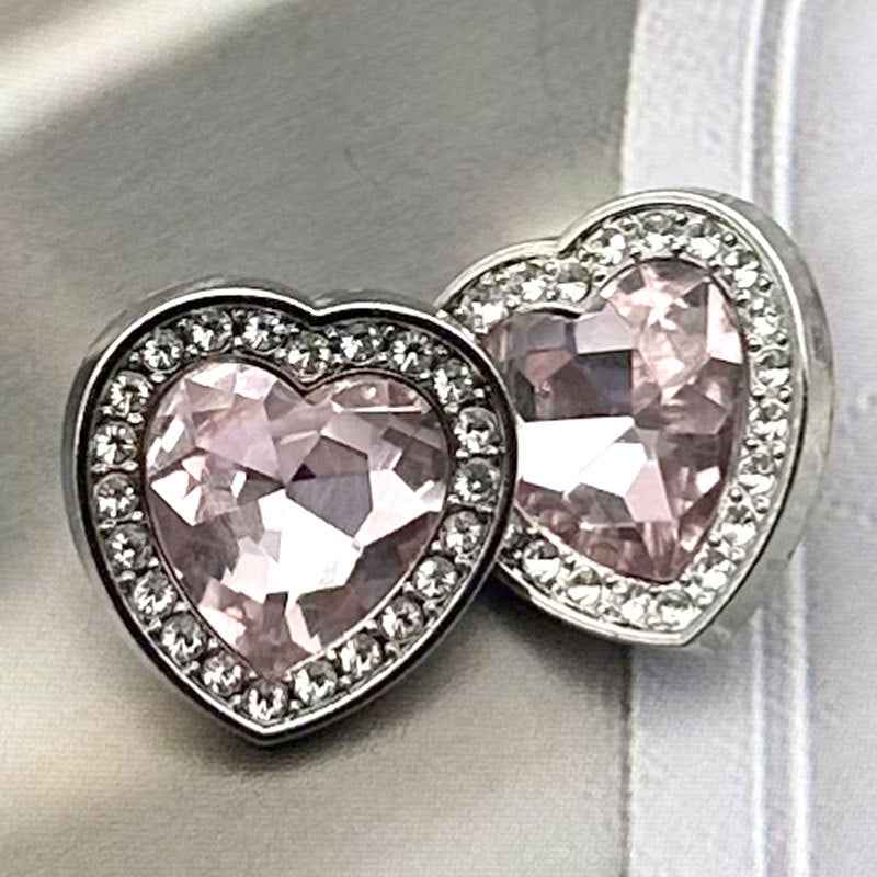 Heart-shaped gem buttons, silvertone metal, faceted pink stone, set of 10