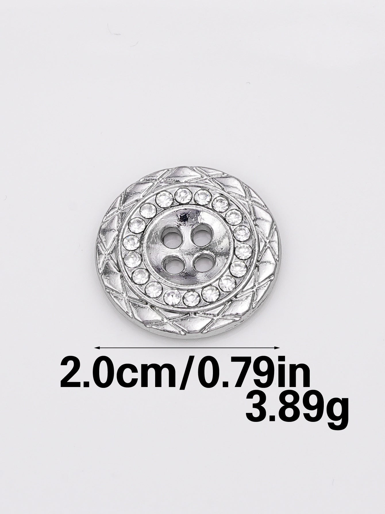 Silver round rhinestone button with 4 holes, 20mm, ornate lattice edge