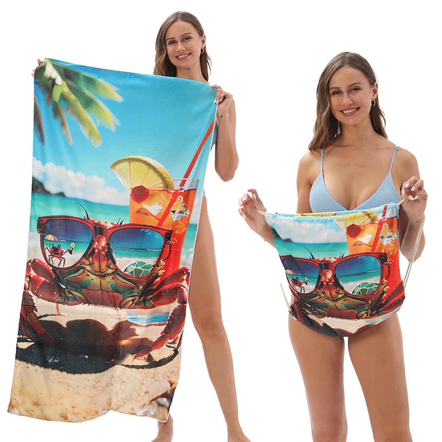 2-in-1 Foldable Printed Beach Towel Built-In Storage Bag
