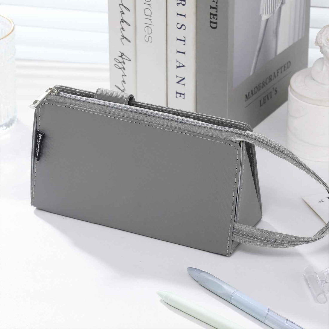 PU Leather Multi-Function Stationery Bag Pen Pouch with Phone Stand Black