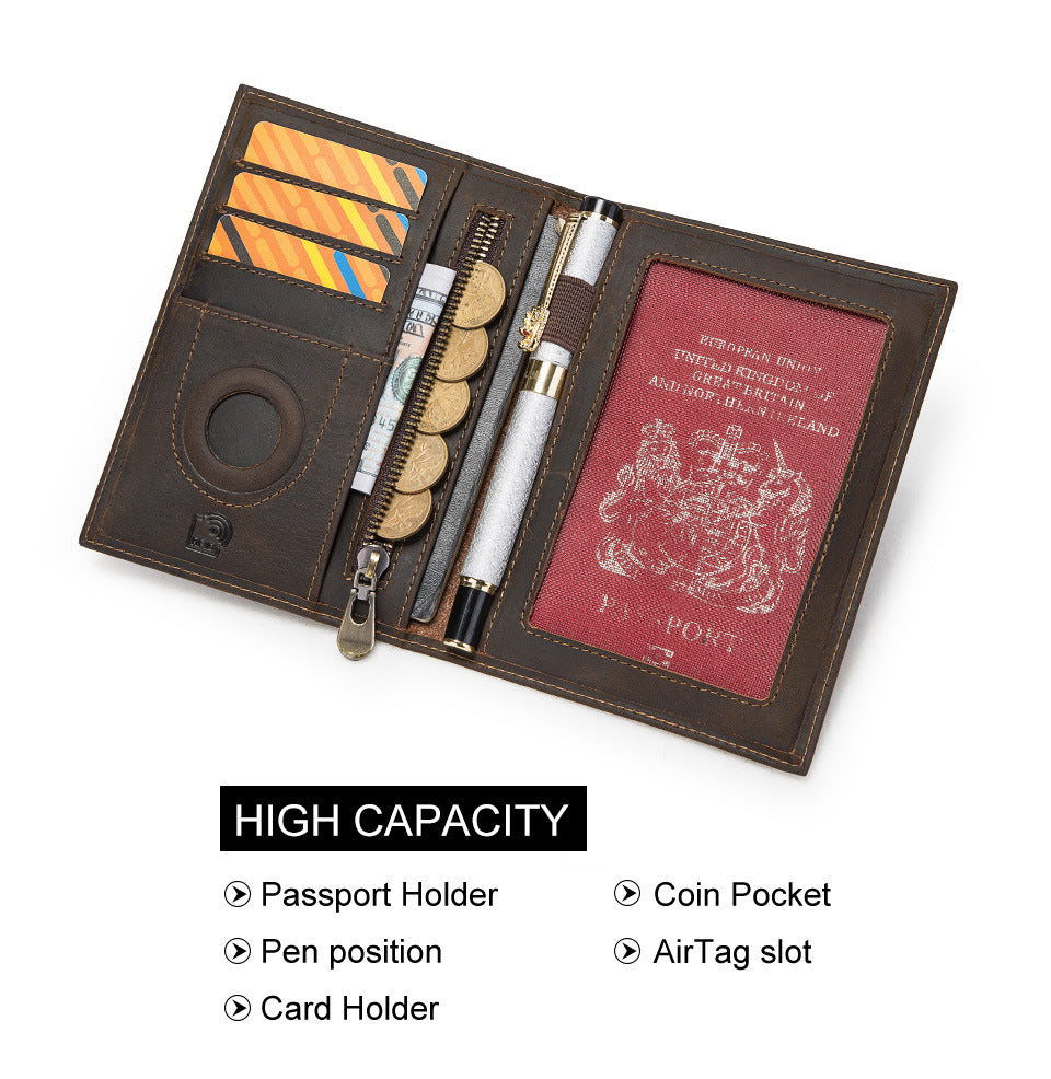 Vintage Crazy Horse Leather RFID Passport Wallet, Built-in AirTag Slot