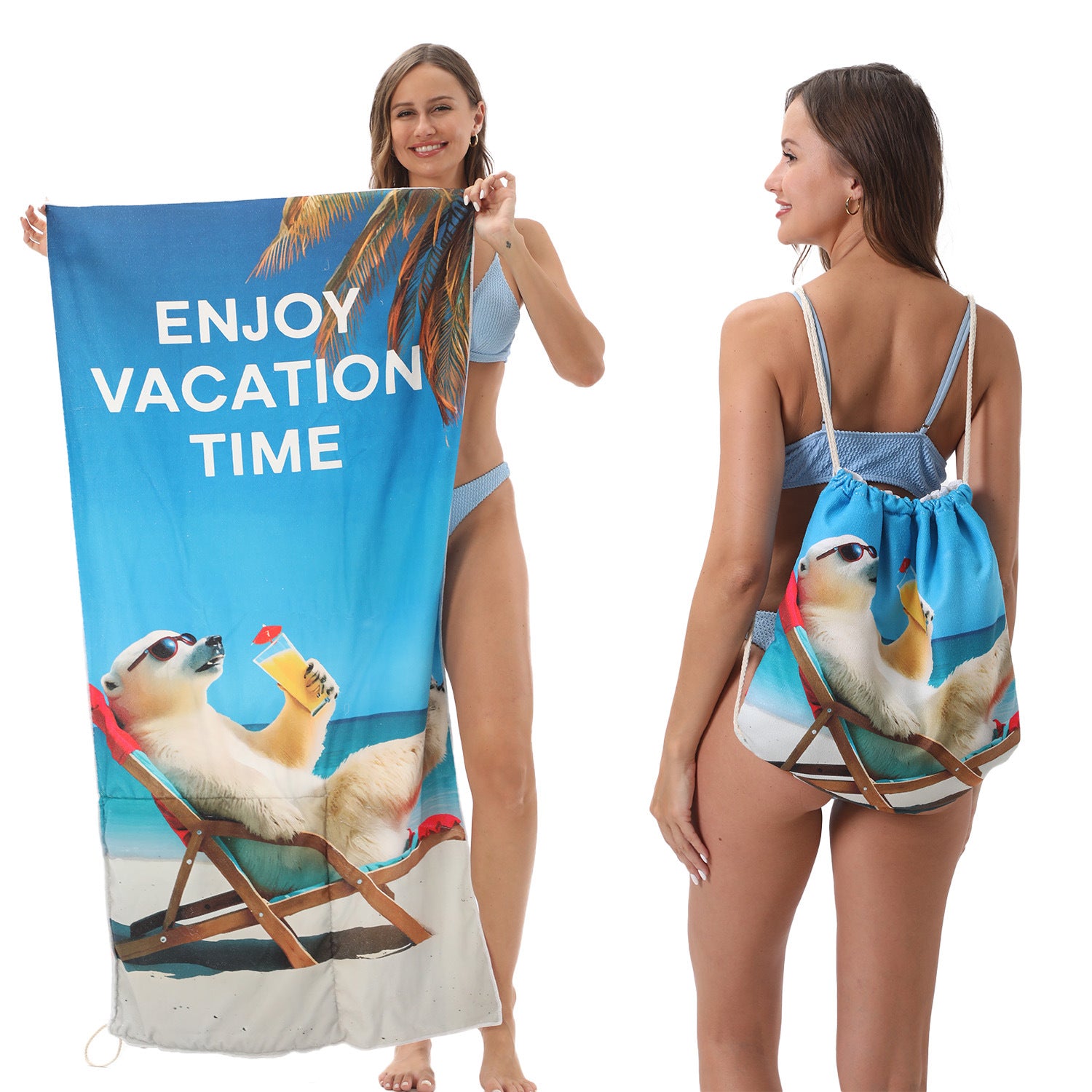 2-in-1 Foldable Printed Beach Towel Built-In Storage Bag