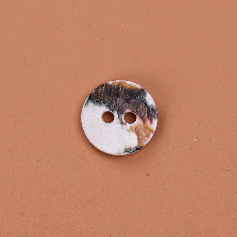 Natural troca shell button, 2 holes, white with brown mottling, 11.5mm