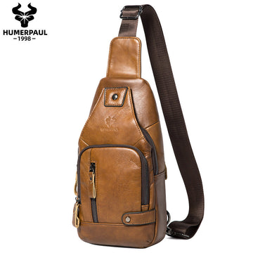 Men's Genuine Leather Chest Bag Full Grain Cowhide Sling Light Brown