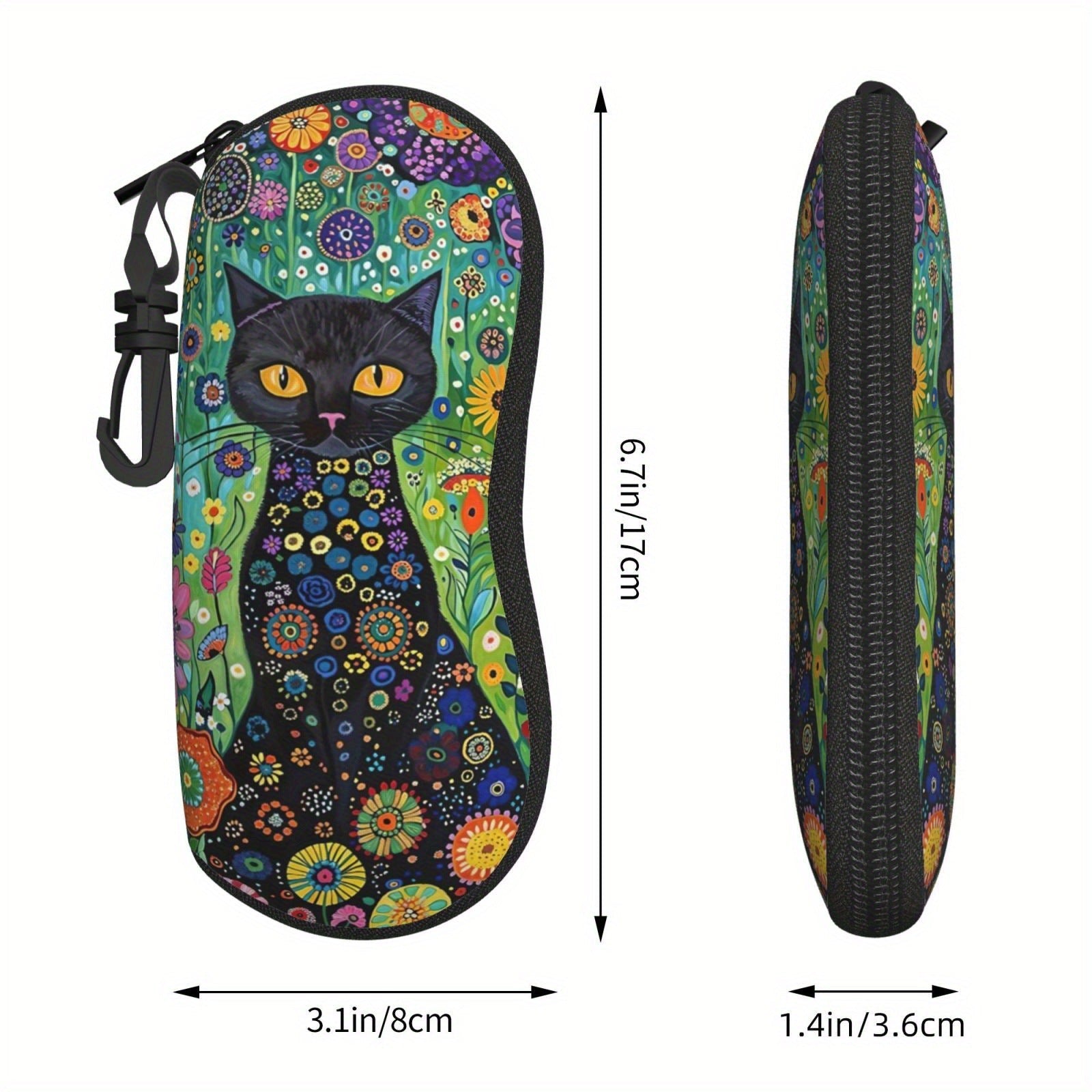 Black Cat Print Glasses Case Soft Eyewear Carrying Pouch with Keychain 2PCS