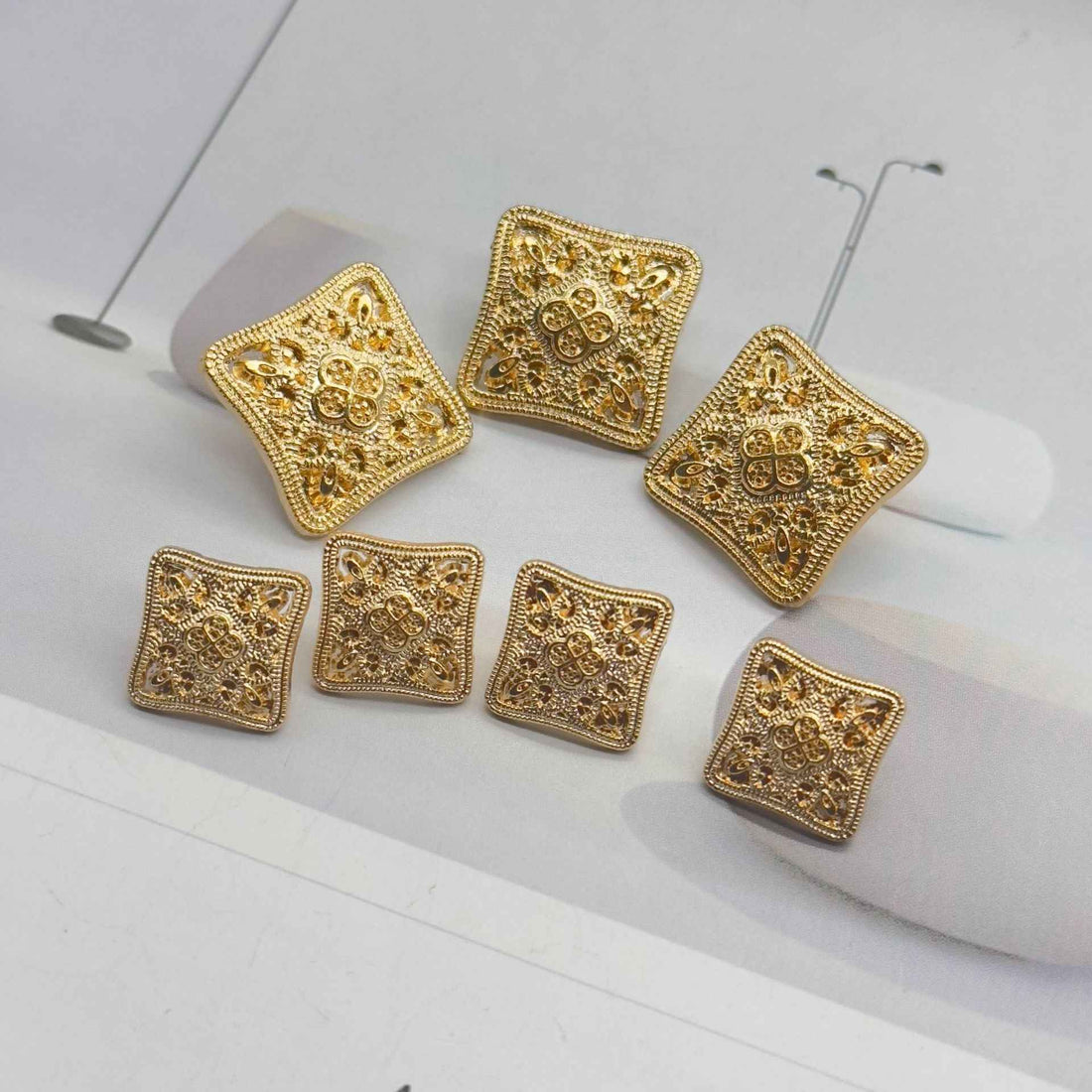 Square gold vintage metal shank buttons, ornate filigree pattern