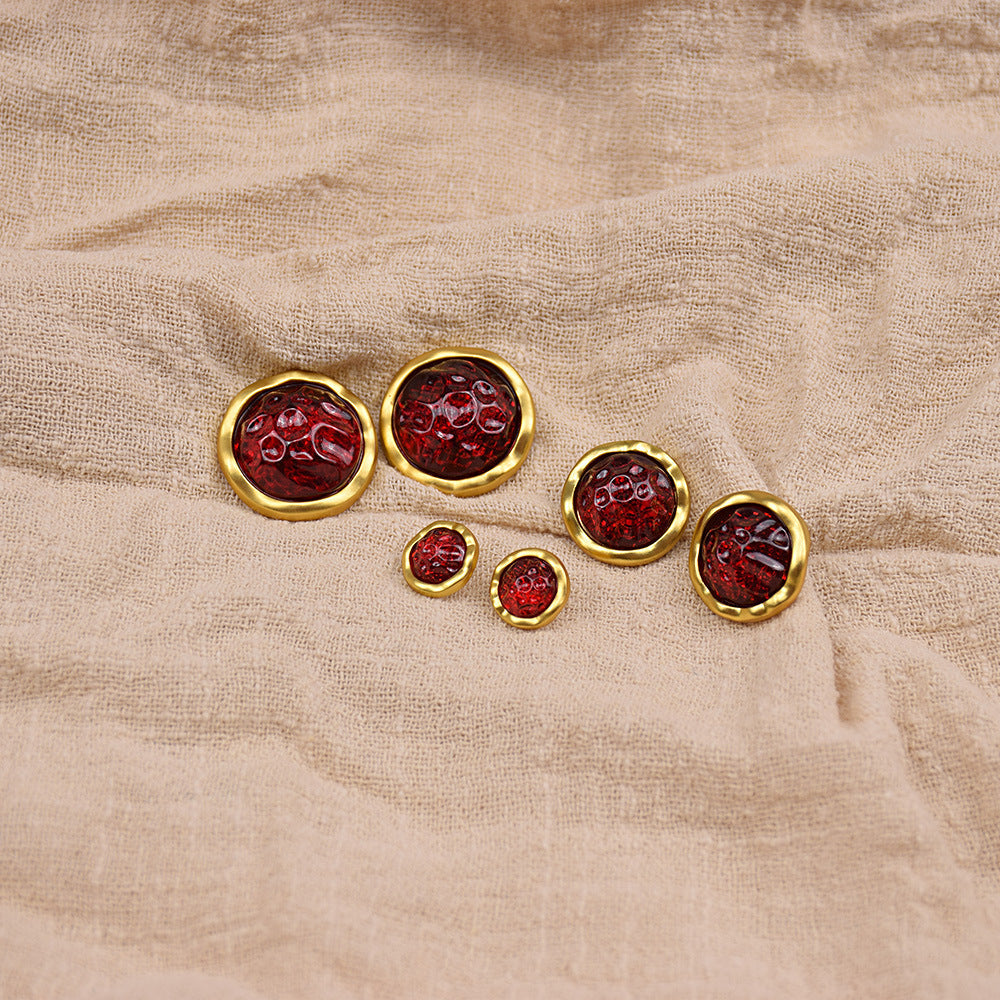 Bright red resin gemstone buttons, gold rim, round assorted sizes (set of 12)