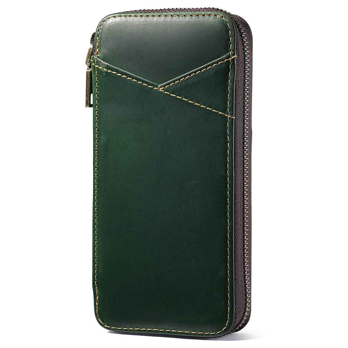 Leather Pencil Case – Handmade Zipper Pen Pouch with 7 Organized Slots Green