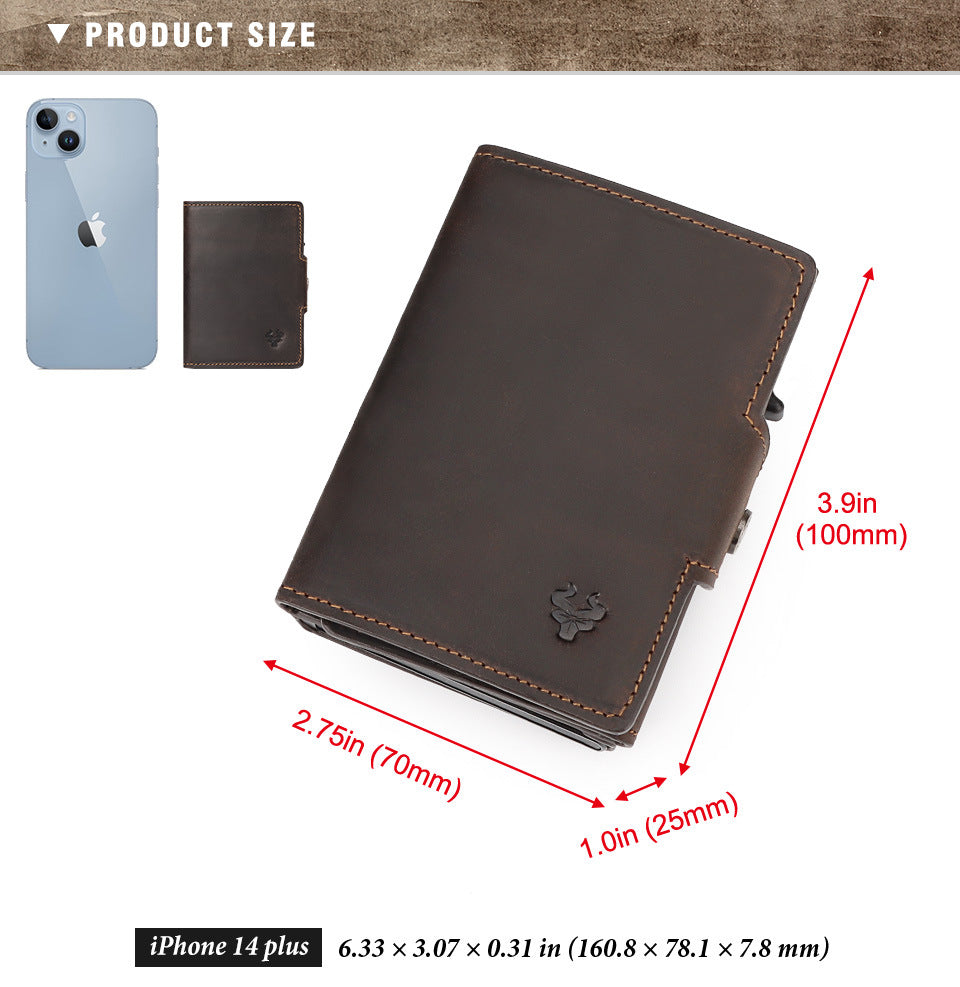 Waxed Leather Wallet Coin Purse,Auto-Eject RFID Metal Card Case
