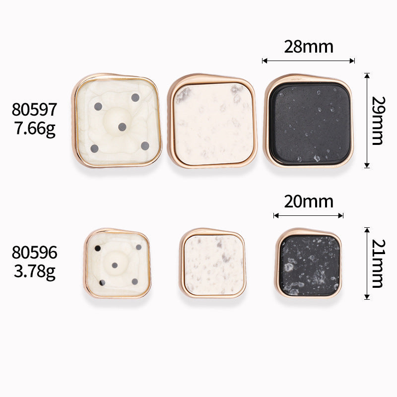 Square marble resin shank buttons size chart—20mm and 29mm, gold frames