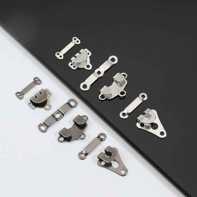 Metal trouser hook fastener set, silver-tone pieces with loops and snap ends