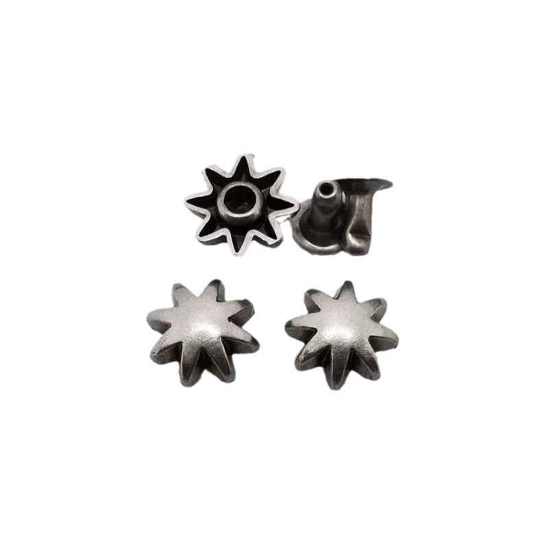 Antique silver starburst rivet studs, 9.5mm; front and back pieces