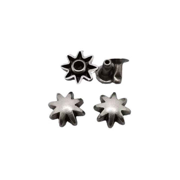 Antique silver starburst rivet studs, 9.5mm; front and back pieces