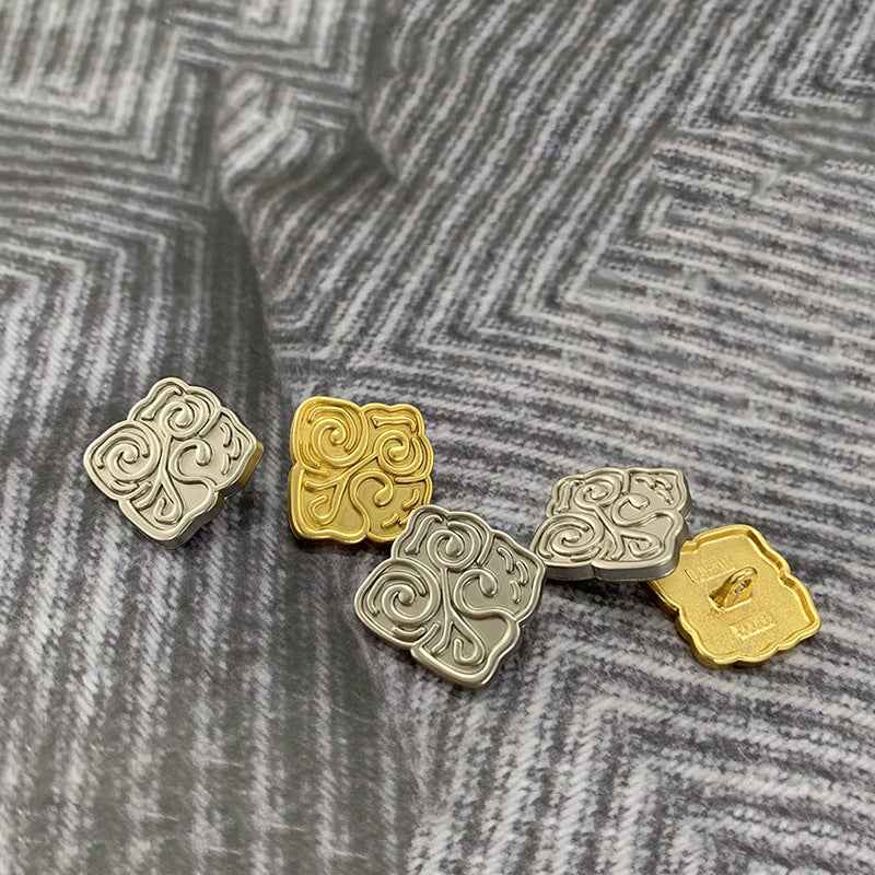 Mixed matte silver and matte gold square Chinese-style metal buttons, frosted fronts