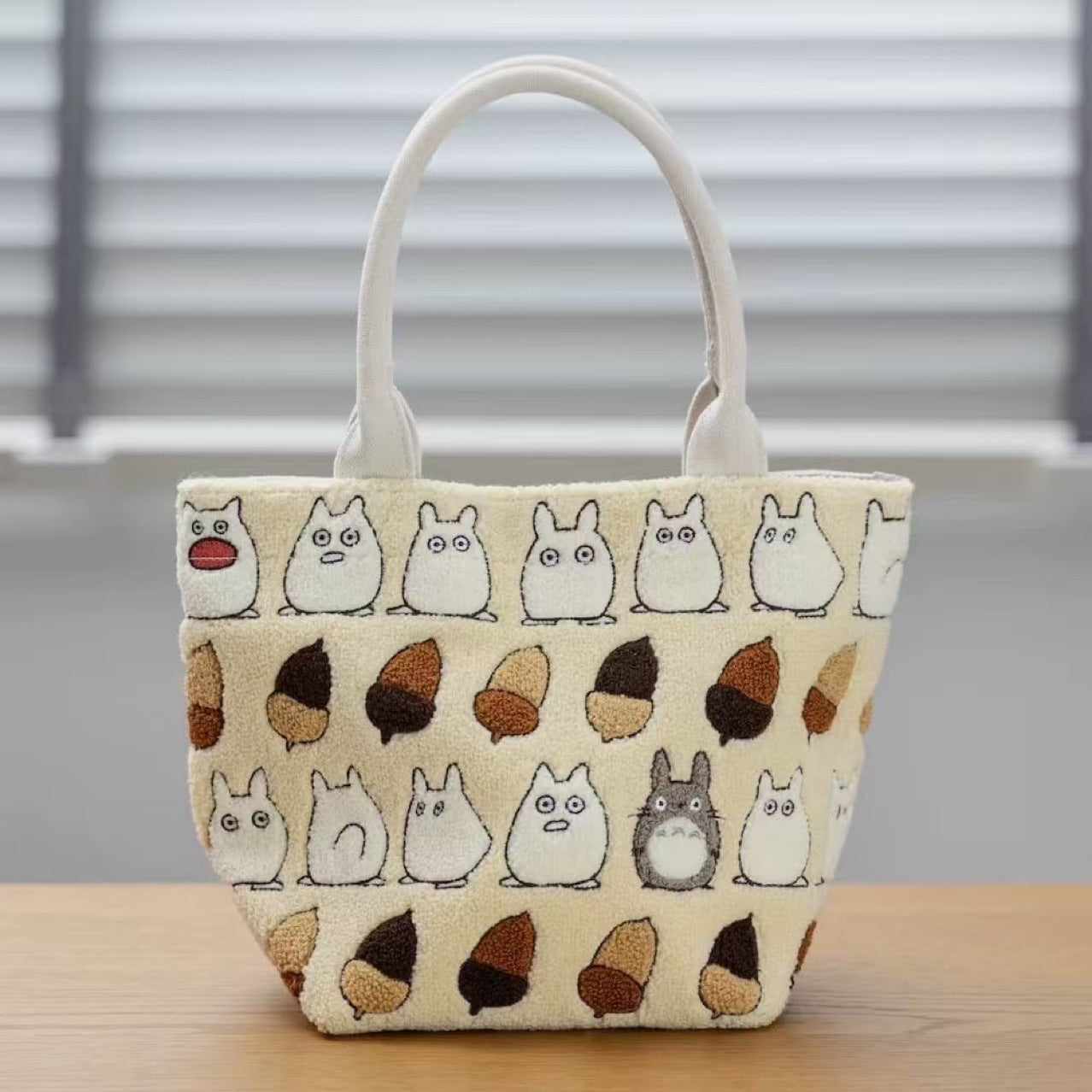 Cute Totoro Plush Handbag Tote Cartoon Embroidery for Girls Women Beige