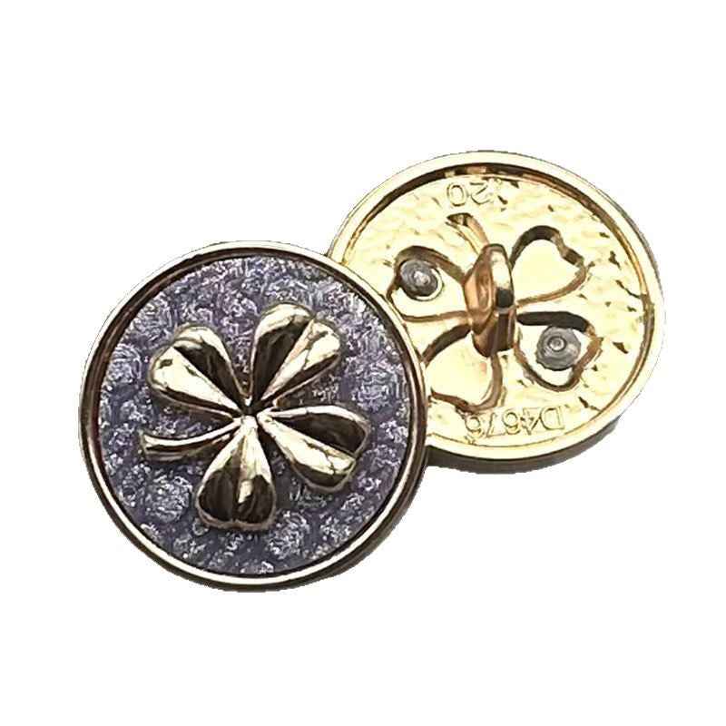 Two-Tone Clover Metal Shank Buttons, lila & gold, 12er Set, 28/32/36L