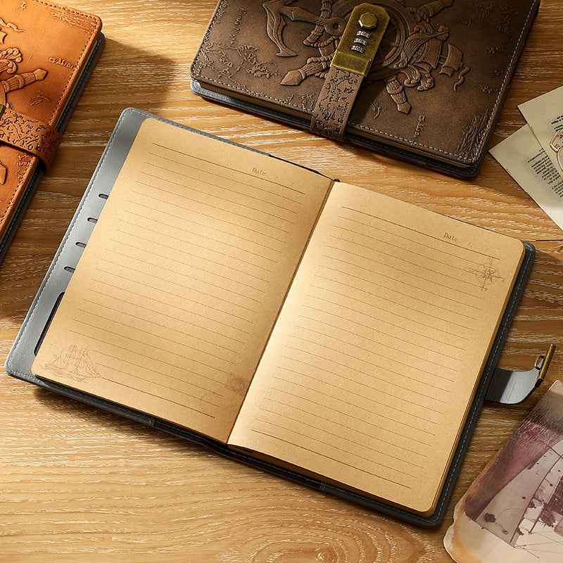 Retro Pirate Lock Diary 3D Carved European Style Locked Notebook A5