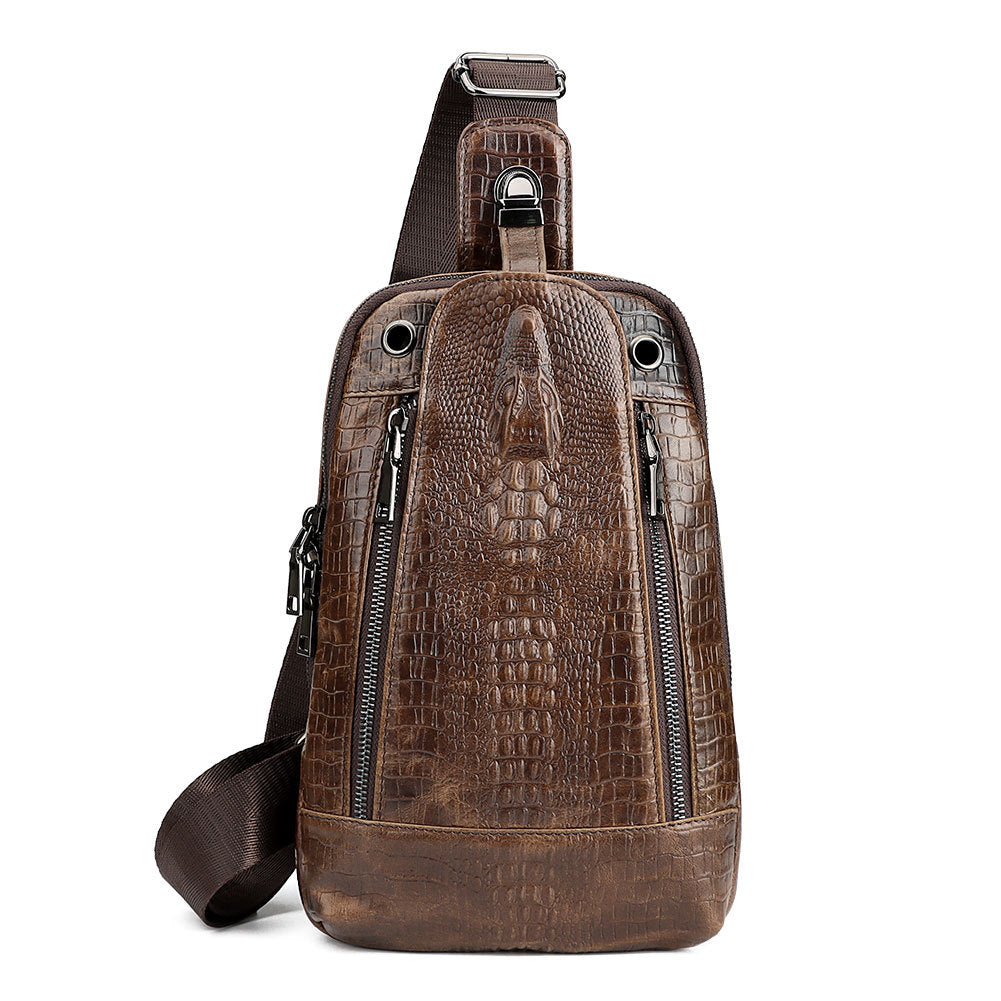 Alligator Print Leather Men's Crossbody Sling Bag Chest Pack Coffee