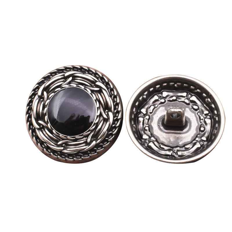 18/20/23/25mm black distressed metal shank buttons, front and back view