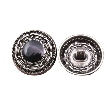18/20/23/25mm black distressed metal shank buttons, front and back view
