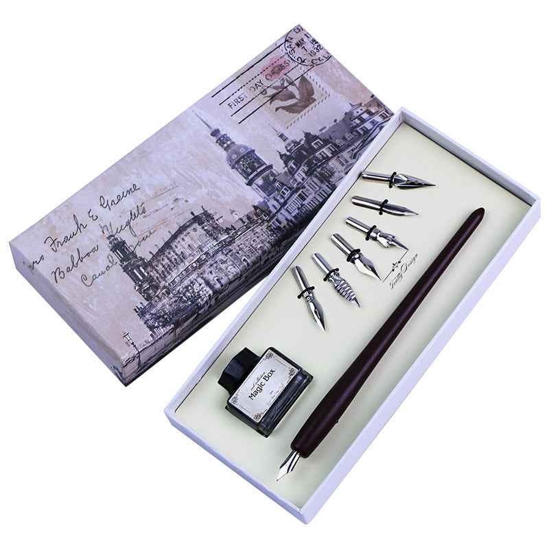 Wooden Dip Pen Calligraphy Quill Pen Ink 6 Nibs Set